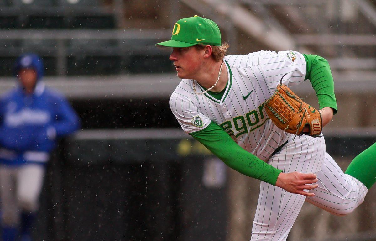 RIght handed pitcher, Ryan Featherston (46) delivers a strike. Oregon Baseball take on UC Santa Barbara at PK Park in Eugene, on March 3 , 2024. (Eddie Bruning/Emerald)