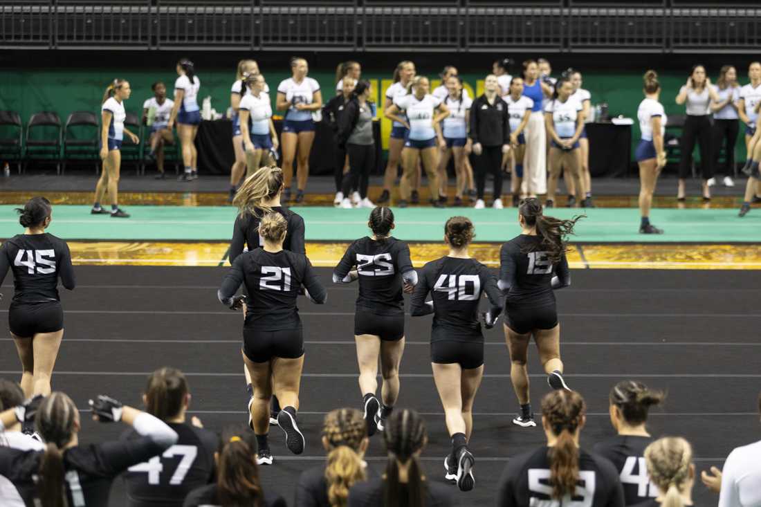 The Quinnipiac acrobatics and tumbling team defeated the Oregon team with a final score of 275.420-270.440 in their faceoff at Matthew Knight Arena on March 19, 2024. (Alex Hernandez/Emerald)