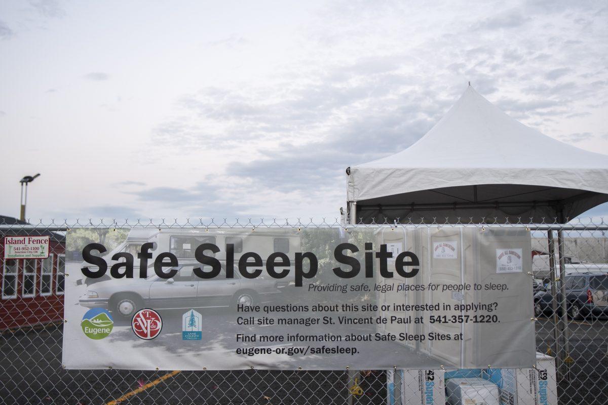 The Sleep Safe site at 310 Garfield Street, which opened in October 2021, in Eugene Ore. as seen on October 30, 2021. Sleep Safe sites are city owned or leased areas that are legal for people to sleep where they have access to services (Isaac Wasserman/ Emerald)