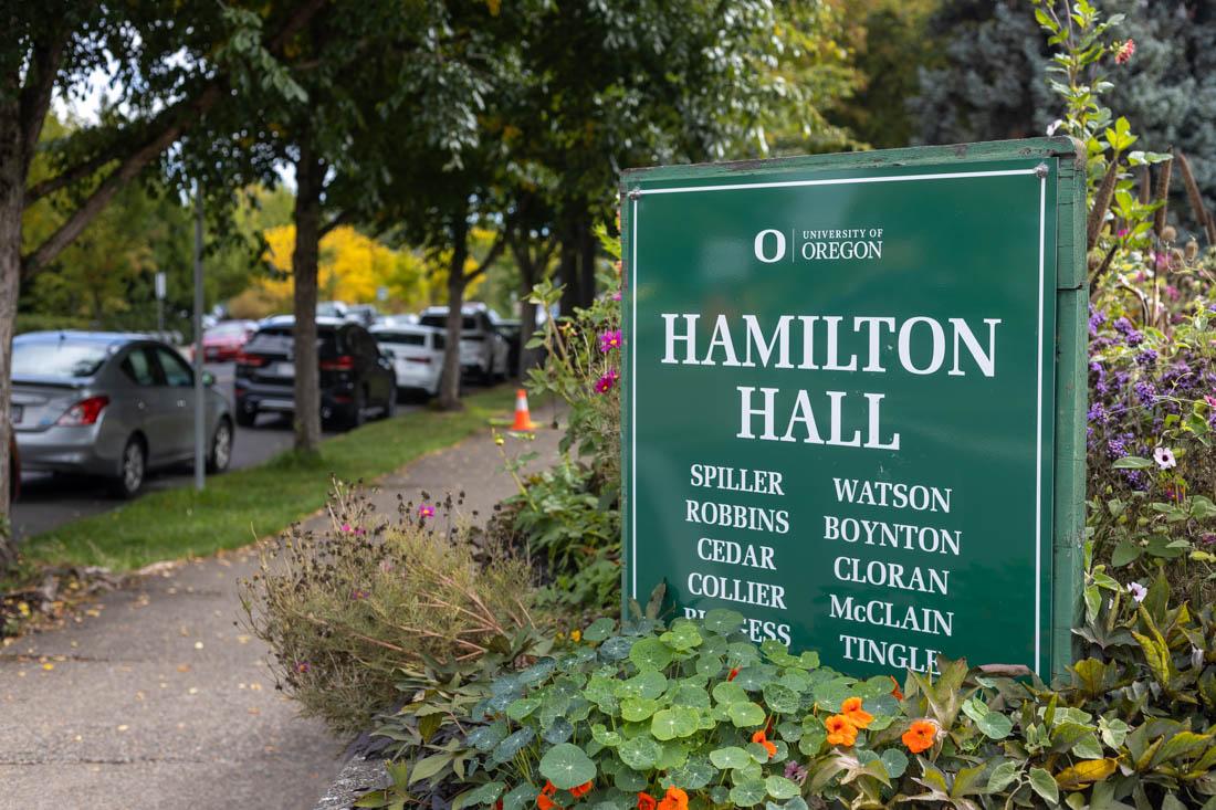 A sign naming each wing of Hamilton Hall,&#160;a dormitory which has asbestos, a&#160;carcinogenic material,&#160;inside its walls. (Kemper Flood/Emerald)