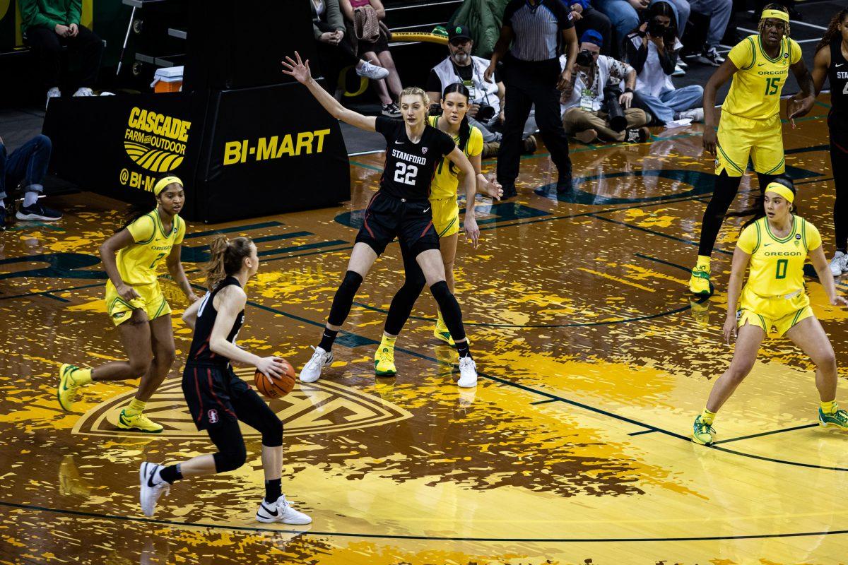 Brink (22) continues to dominate the paint and ends the game with an impressive 17 rebounds and 18 points.&#160;The Oregon&#160;Women's&#160;Basketball team host #4 Stanford at Matthew Knight Arena in Eugene, Ore., on March 2, 2024. (Jonathan Suni/Emerald)