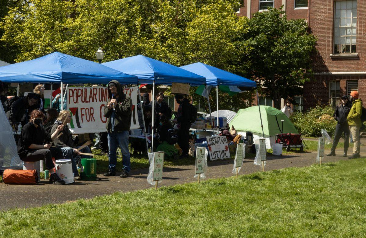 On April 29, 2024, University of Oregon student-ran groups joined the nationwide movement of encampment in support of the pro-Palestine movement across college campuses. (Alyssa Garcia/Emerald)