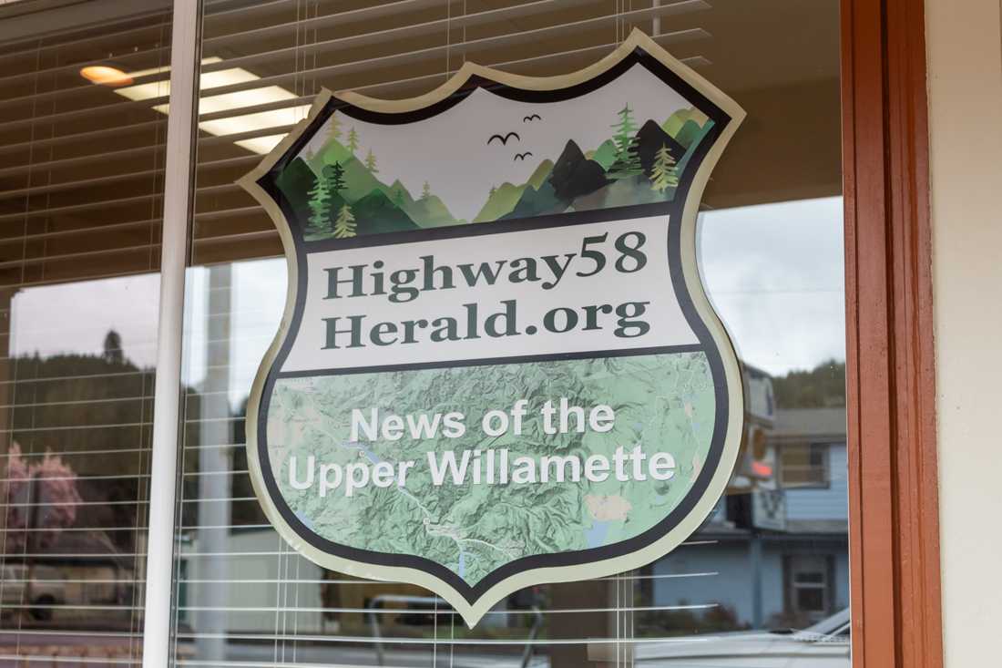 Highway 58 Herald logo on the office building in Oakridge. (Mathias Lehman-Winters/Emerald)