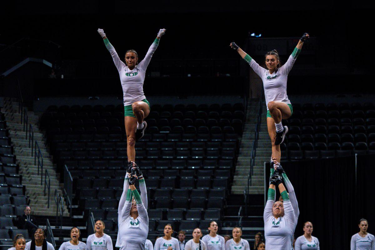 The University of Oregon Ducks Acrobatics and Tumbling Team played the University of Baylor Bears in a home match at Matthew Knight Arena in Eugene, Ore., on Apr. 5, 2024. (Spencer So/Emerald)