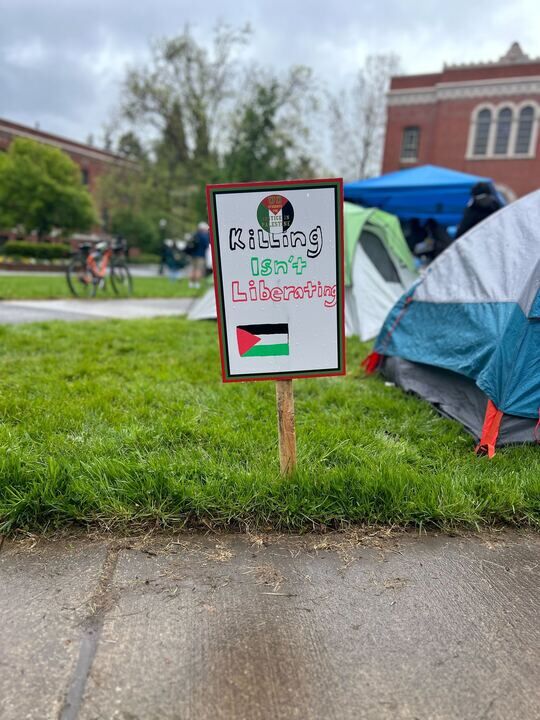 UO students and community members held an encampment on April 29 urging the university to boycott and divest from Israel. Leading student groups include Students for Justice in Palestine, Jewish Voices for Peace, Working Committee of Grads for Palestine, and Young Democratic Socialists of America.&#160;