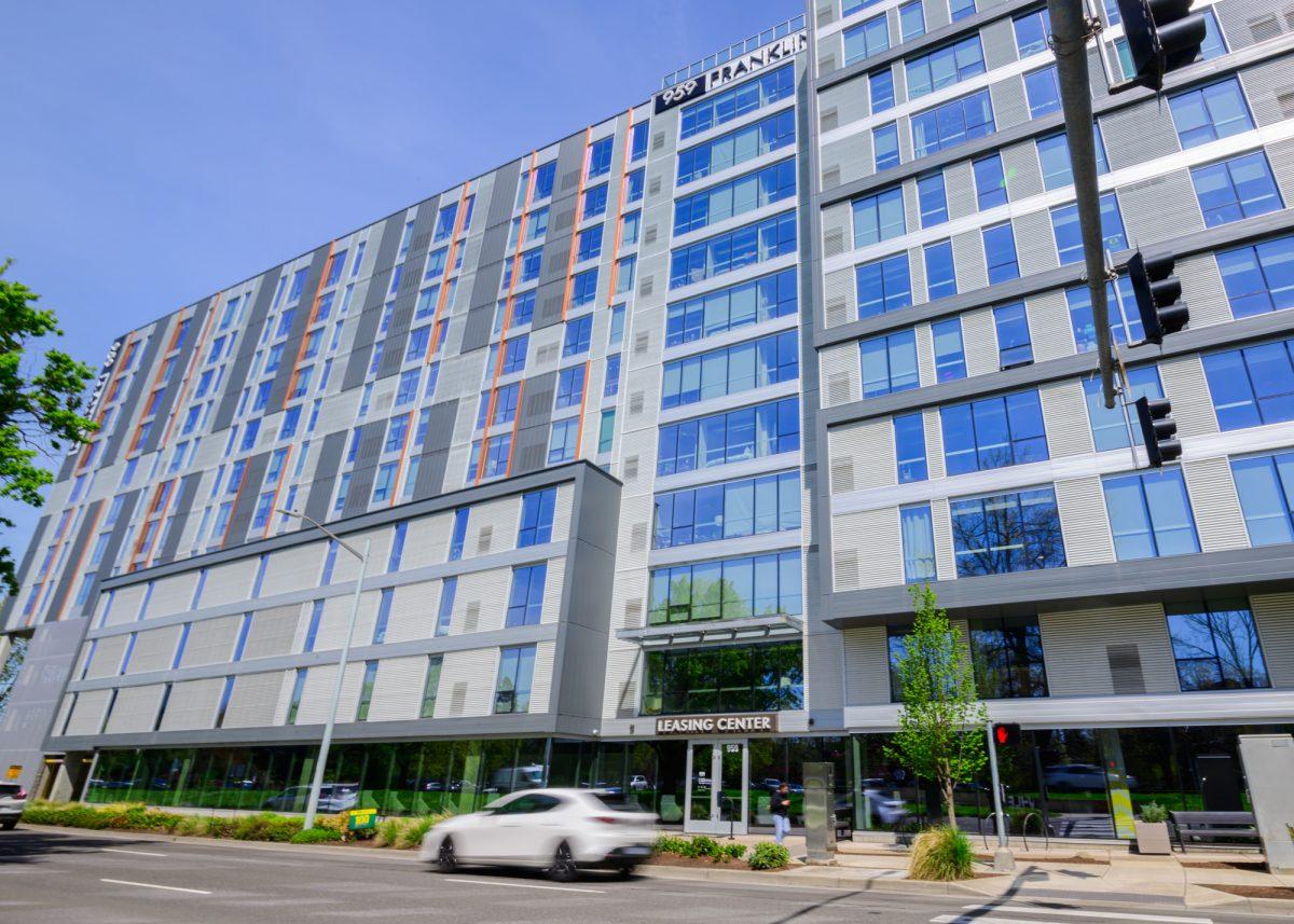 The apartment complex 959 Franklin is located across from the University of Oregon at Franklin Street in Eugene, Ore., on April 10, 2024. (Eric Becker/Emerald)