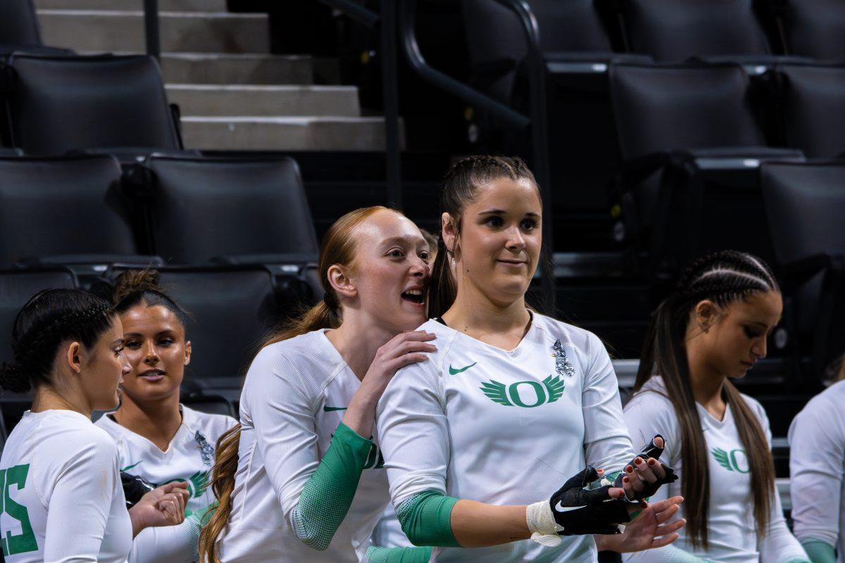 The University of Oregon Ducks Acrobatics and Tumbling Team played the University of Baylor Bears in a home match at Matthew Knight Arena in Eugene, Ore., on Apr. 5, 2024. (Spencer So/Emerald)