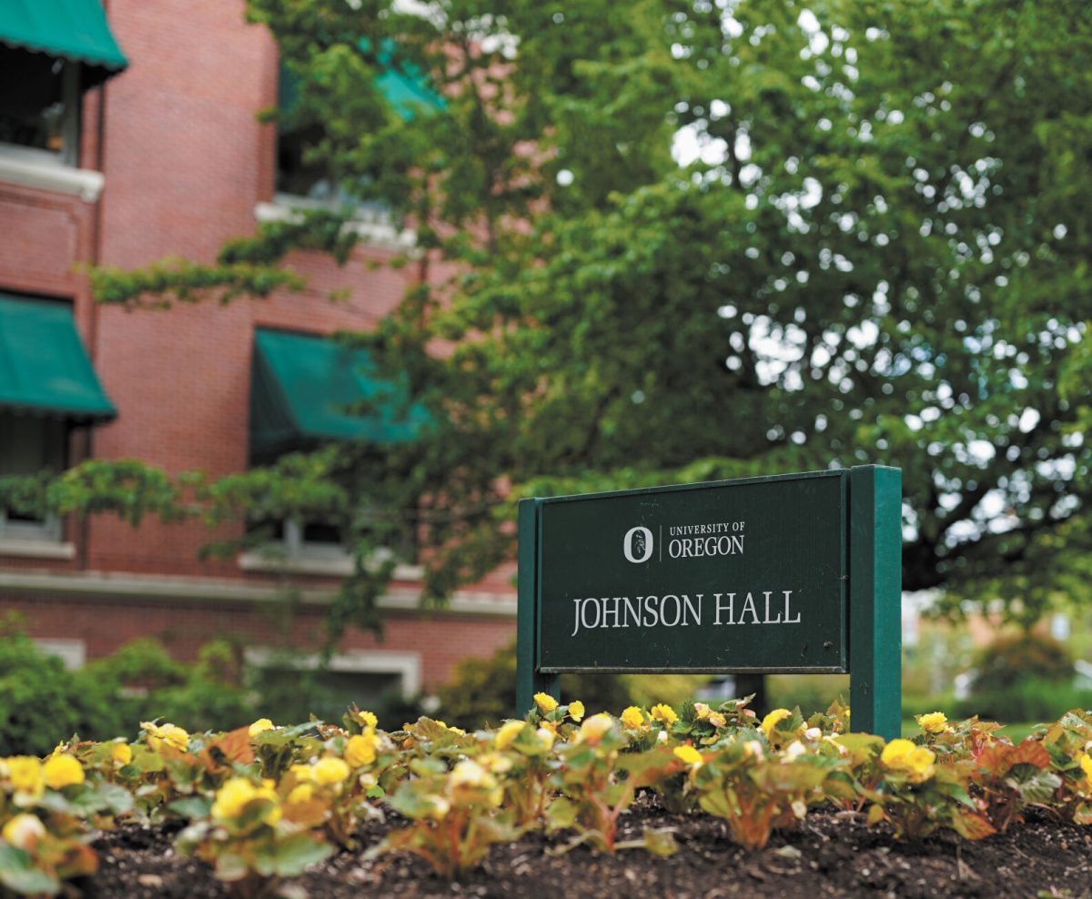 Close-up image of the Johnson Hall sign. Originally built in 1915 with the goal of being an administrative office suite. Eugene, on May 22nd, 2024. (Eddie Bruning/Emerald)