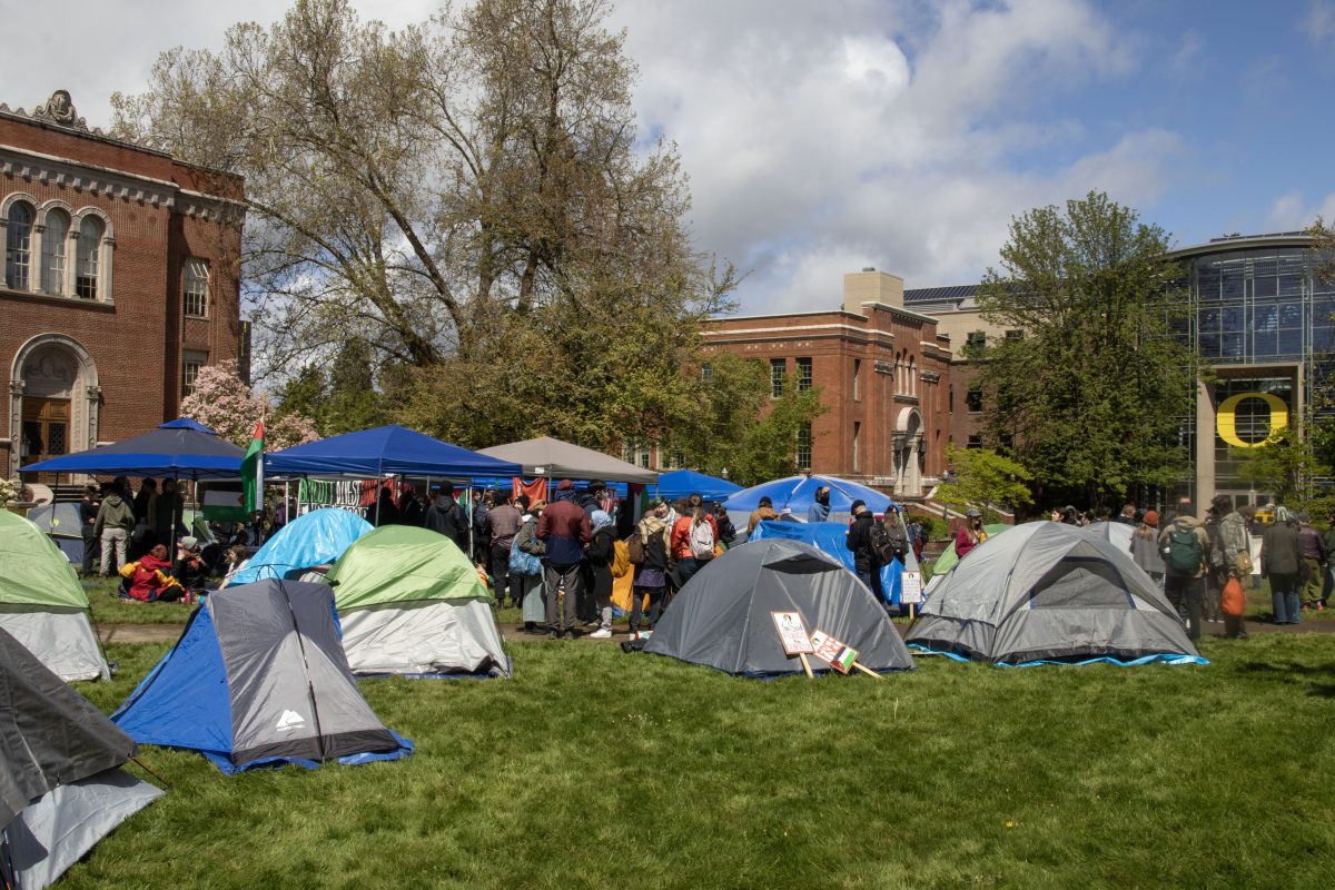 Tents set up by University of Oregon student-ran groups to begin their encampment in front of Lillis Business Complex. On April 29, 2024, University of Oregon student-ran groups joined the nationwide movement of encampment in support of the pro-Palestine movement across college campuses. (Alyssa Garcia/Emerald)