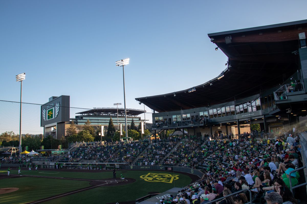 The view of Autzen Stadium behind PK Park. The Oregon Ducks baseball team takes on the Washington State Cougars on May 16, 2024 at PK Park in Eugene, Ore. (Mason Burbey/Emerald)