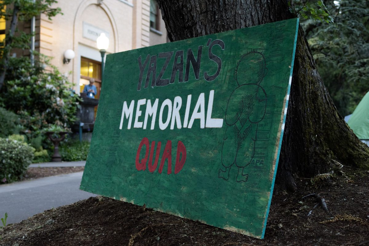 On May 16, 2024, pro-Palestine demonstrators moved the encampment to the front of Johnson Hall after performing a "mock tribunal" and self-chaining to the building's columns. A media liaison who goes by Kermit said that the encampment's move was "to come together as a group, and if they're [the individuals who have chained themselves to Johnson Hall's columns] out there, we're going to move with them." (Colleen Bogdan/Emerald)