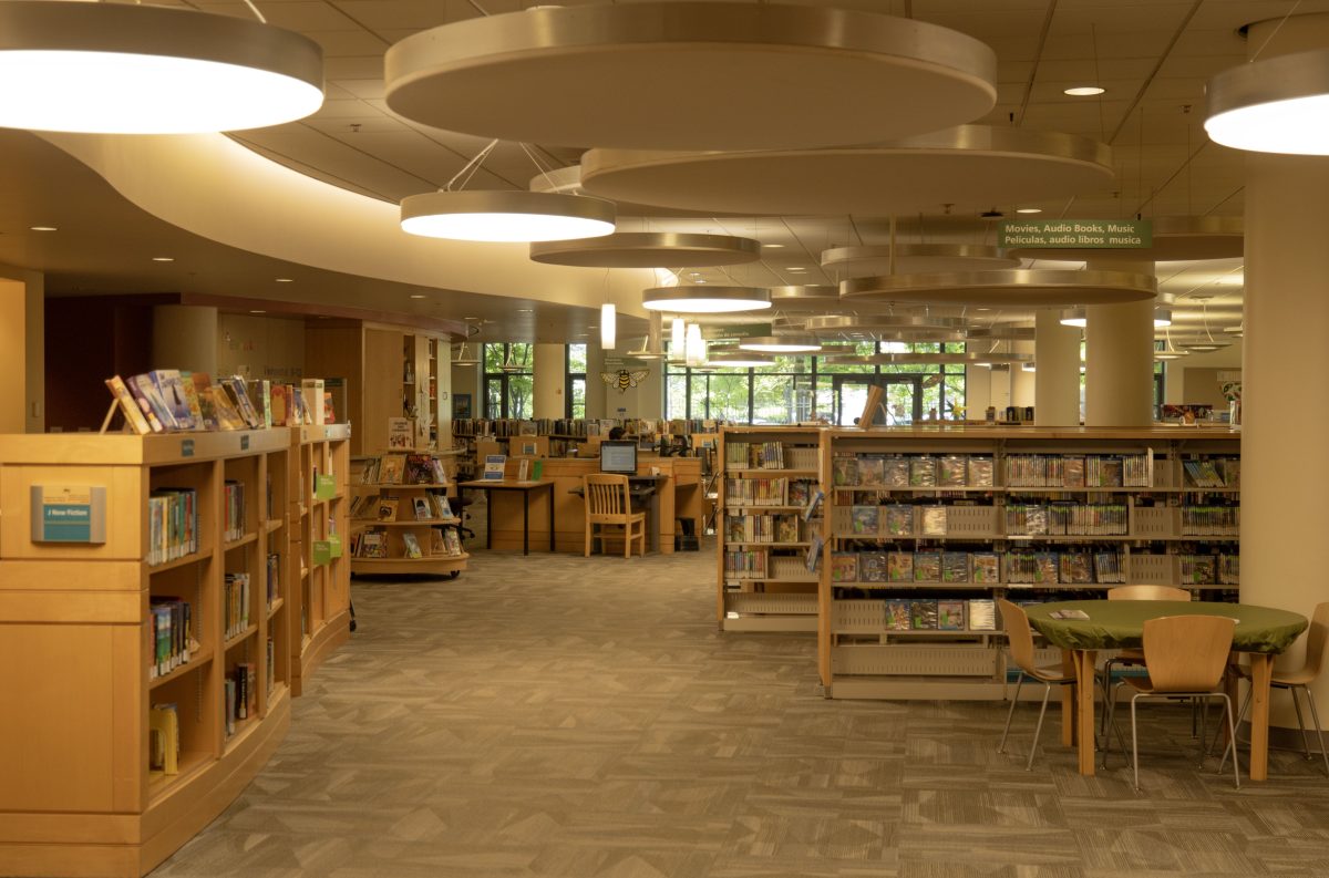 Movies, Audio Books, and Music section at the Eugene Public Library. (Alyssa Garcia/Emerald)