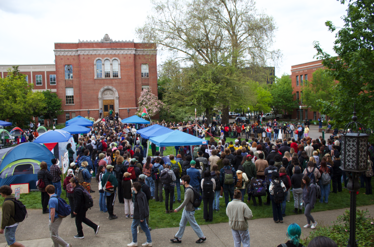 A May Day rally at the encampment site was held on Wednesday, which marks the first rally since establishing at the Knight Library quad. (Lehman-Winters/Emerald)