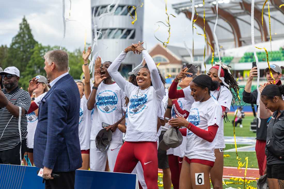 The Arkansas Razorbacks celebrate their championship win under confetti. The final day of the NCAA Track &amp; Field Championships was held on June 8, 2024 at Hayward Field in Eugene, Ore. (Molly McPherson/Emerald)