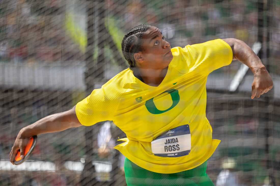 <p>Oregon's Jaida Ross makes one of her three throws during her flight of the Women's Discus final. The final day of the NCAA Track & Field Championships was held on June 8, 2024 at Hayward Field in Eugene, Ore. (Molly McPherson/Emerald)</p>