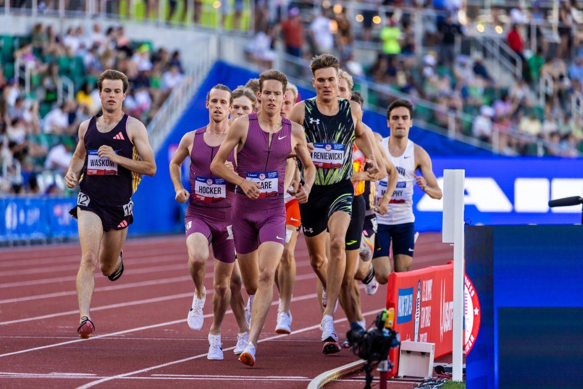 Two former Ducks in Cooper Teare and Cole Hocker lead the pack in the 1500 meters as they look to compete in the finals together.&#160;The most elite athletes in the country meet at Hayward Field for the 2024 Summer Olympic Trials in Eugene, Ore. on June 22, 2024. (Jonathan Suni/Emerald)