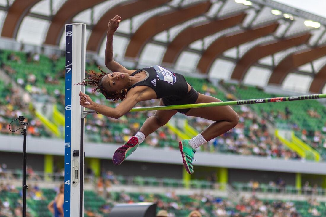 Soledad Jean from Louisville leaps up to the bar during her high jump attempt. The final day of the NCAA Track &amp; Field Championships was held on June 8, 2024 at Hayward Field in Eugene, Ore. (Molly McPherson/Emerald)