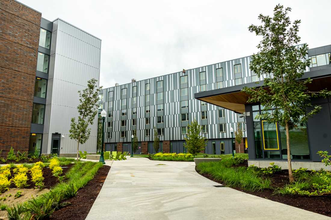 <p>The New Residence Hall is located in the middle of campus. The building is fitted with double and triple rooms with attached bathrooms. (Molly McPherson/Emerald)</p>