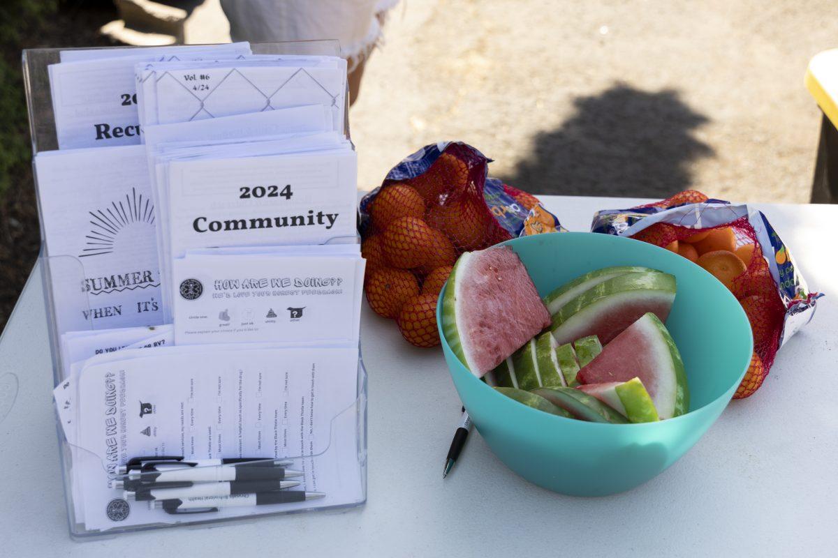 Informational papers and snacks sit on the table at the Black Thistle Street Aid monthly clinic on July 10, 2024. (Alex Hernandez/Emerald)