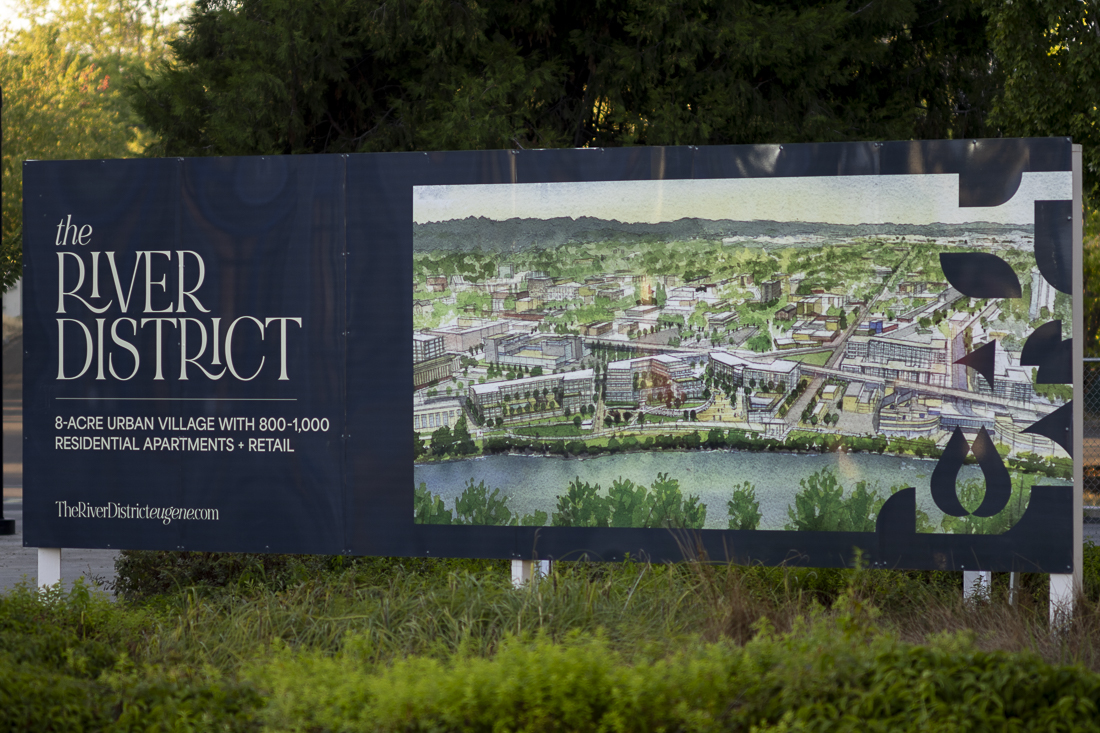 A sign advertises the future "River District" in Eugene, Ore., on Aug. 26, 2024. (Alex Hernandez/Emerald)