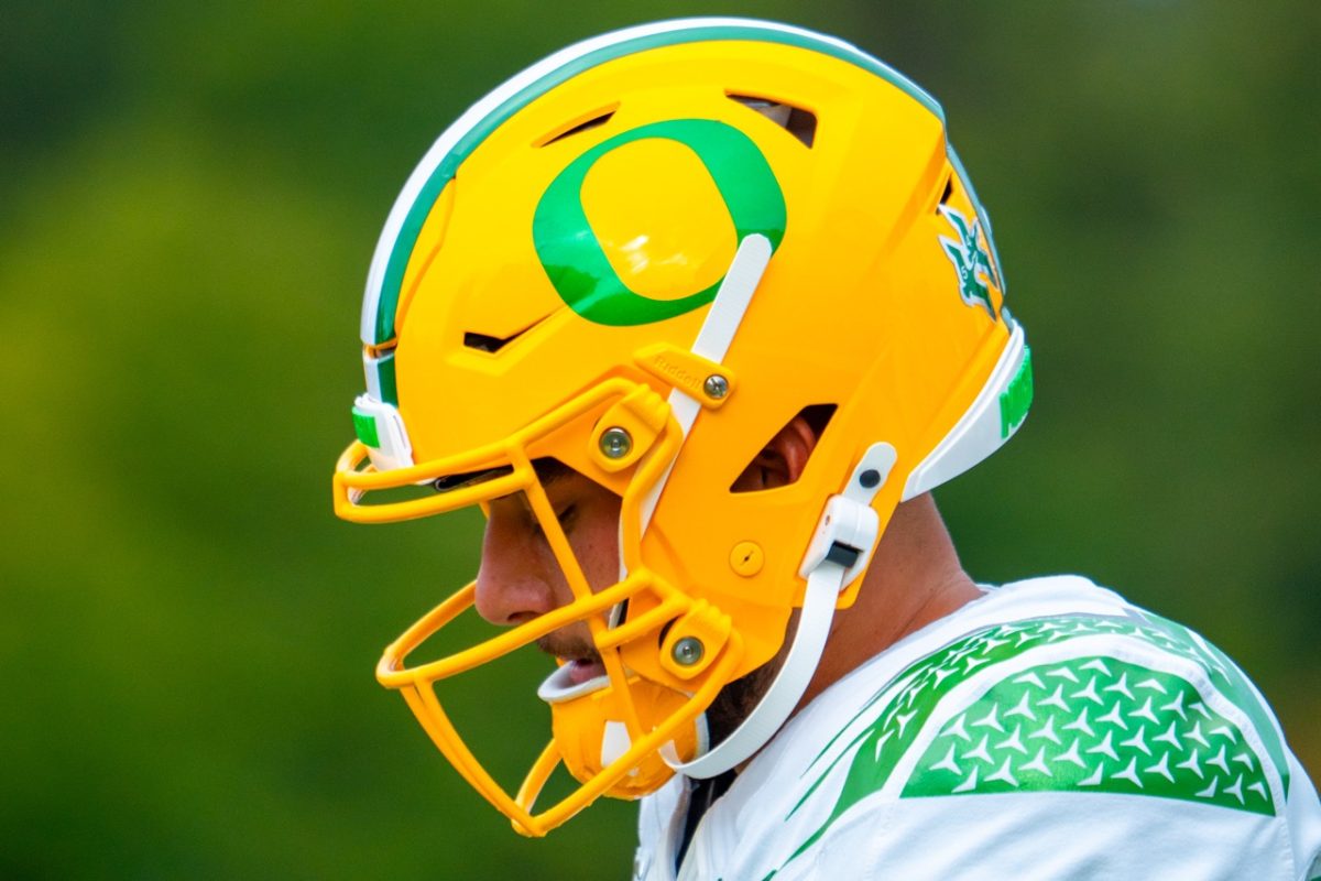 Another look at new football helmets at Oregon football practice at the practice facility. (Spencer So/Emerald)