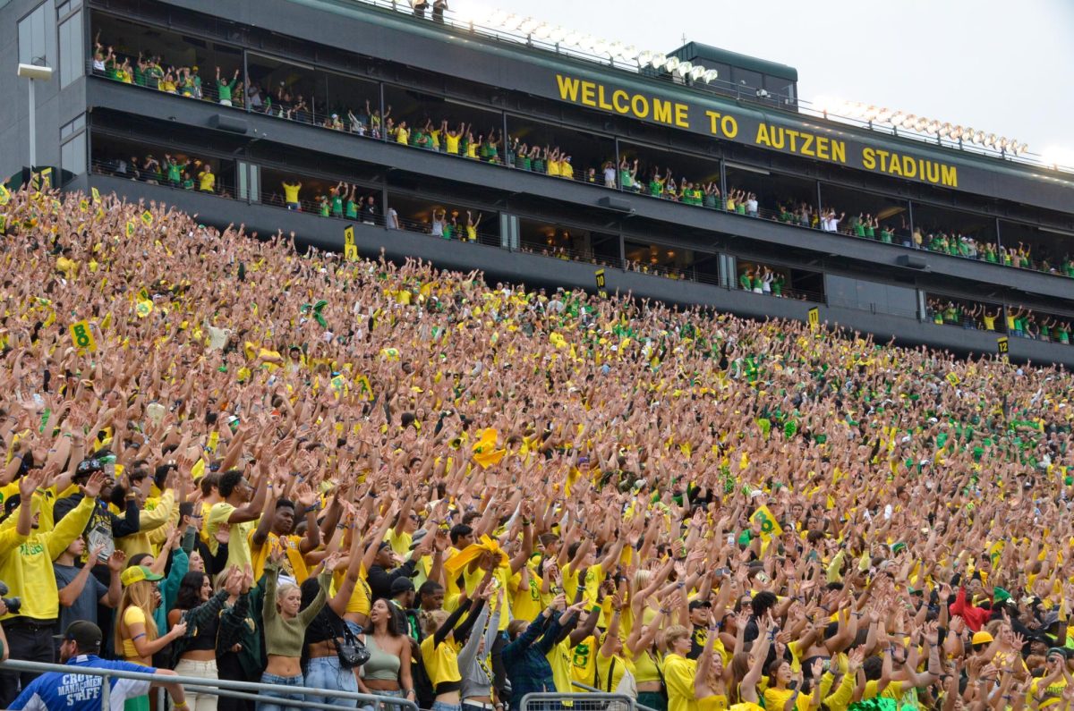 The Oregon student section erupt after a touchdown. The University of Oregon Ducks Football team defeat the University of Colorado Buffaloes 42-6 at Autzen Stadium in Eugene, Oregon, on September 23, 2023. (Kai Kanzer/Emerald)