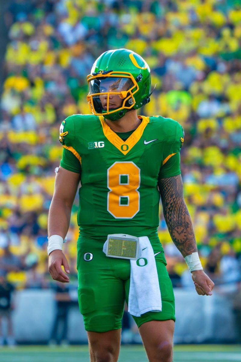 Dillon Gabriel(8) in his new threads. The University of Oregon Ducks Football team played the University of Idaho in a home match at Autzen Stadium in Eugene, Ore., on August 31st, 2024. (Spencer So/Emerald)