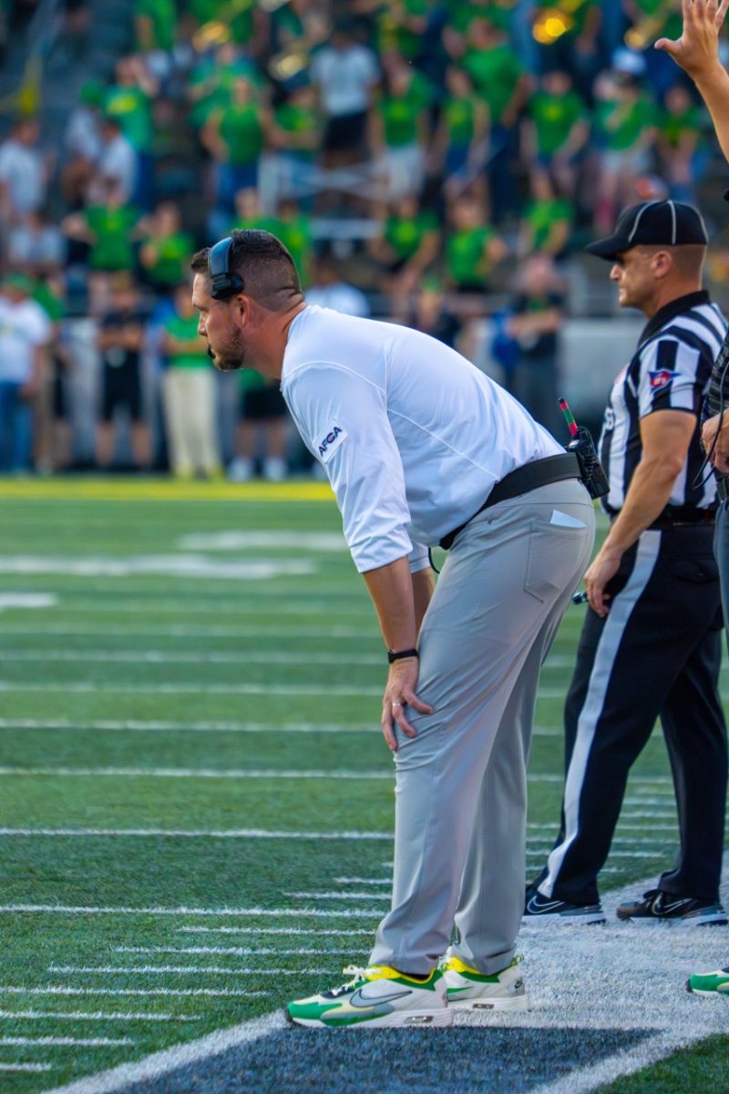 Coach Dan Lanning calling the shots. The University of Oregon Ducks Football team played the University of Idaho in a home match at Autzen Stadium in Eugene, Ore., on August 31st, 2024. (Spencer So/Emerald)