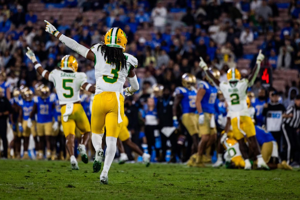 The Oregon Defense celebrates yet another interception against the Bruins. The Oregon Ducks take on the UCLA Bruins in its first Big Ten Conference game in the Rose Bowl in Pasadena, CA on Sept. 28, 2024. (Jonathan Suni/Emerald)