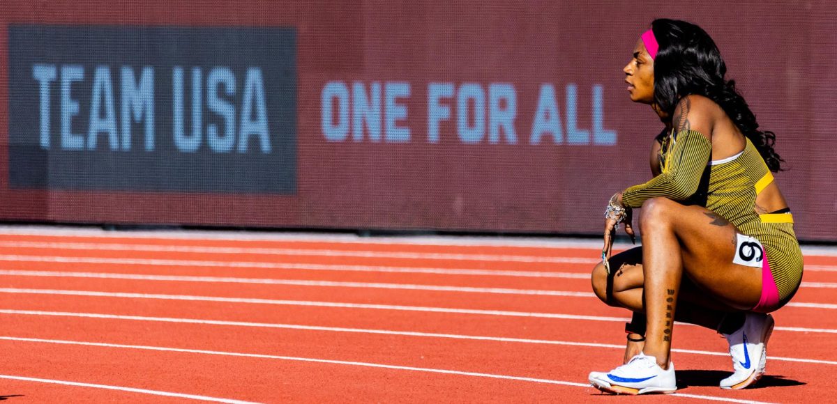 Sha'Carri Richardson looks up to the big screen as she eyes her first Olympics after complications leading to her disqualification at the last summer olympics. The most elite athletes in the country meet at Hayward Field for the 2024 Summer Olympic Trials in Eugene, Ore. on June 22, 2024. (Jonathan Suni/Emerald)