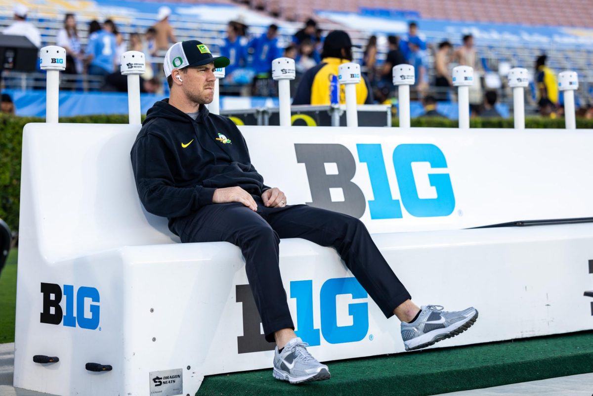 Offensive Coordinator, Will Stein, takes a moment to himself as he prepares for the inaugural BIG 10 matchup for the Oregon Ducks. The Oregon Ducks take on the UCLA Bruins in its first Big Ten Conference game in the Rose Bowl in Pasadena, CA on Sept. 28, 2024. (Jonathan Suni/Emerald)