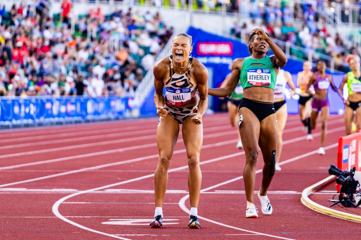 Anna Hall releases all emotions after being crowned as the US Olympic Trials Champion in the Women’s Heptathlon. The most elite athletes in the country meet at Hayward Field for the 2024 Summer Olympic Trials in Eugene, Ore. on June 22, 2024. (Jonathan Suni/Emerald)