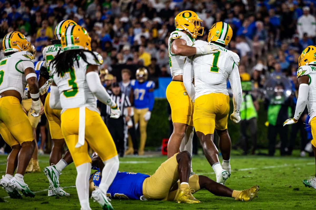 Burch (1) celebrates as he and his defense continues to dominate the UCLA Bruins. The Oregon Ducks take on the UCLA Bruins in its first Big Ten Conference game in the Rose Bowl in Pasadena, CA on Sept. 28, 2024. (Jonathan Suni/Emerald)