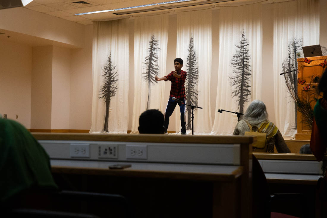 A performer presents a traditional Indian dance with his own unique twist. Desi Fest, at Lane Community College, celebrated South Asian culture with performances, food, and activities on Oct. 5, 2024. (Mason Cruz/Emerald)