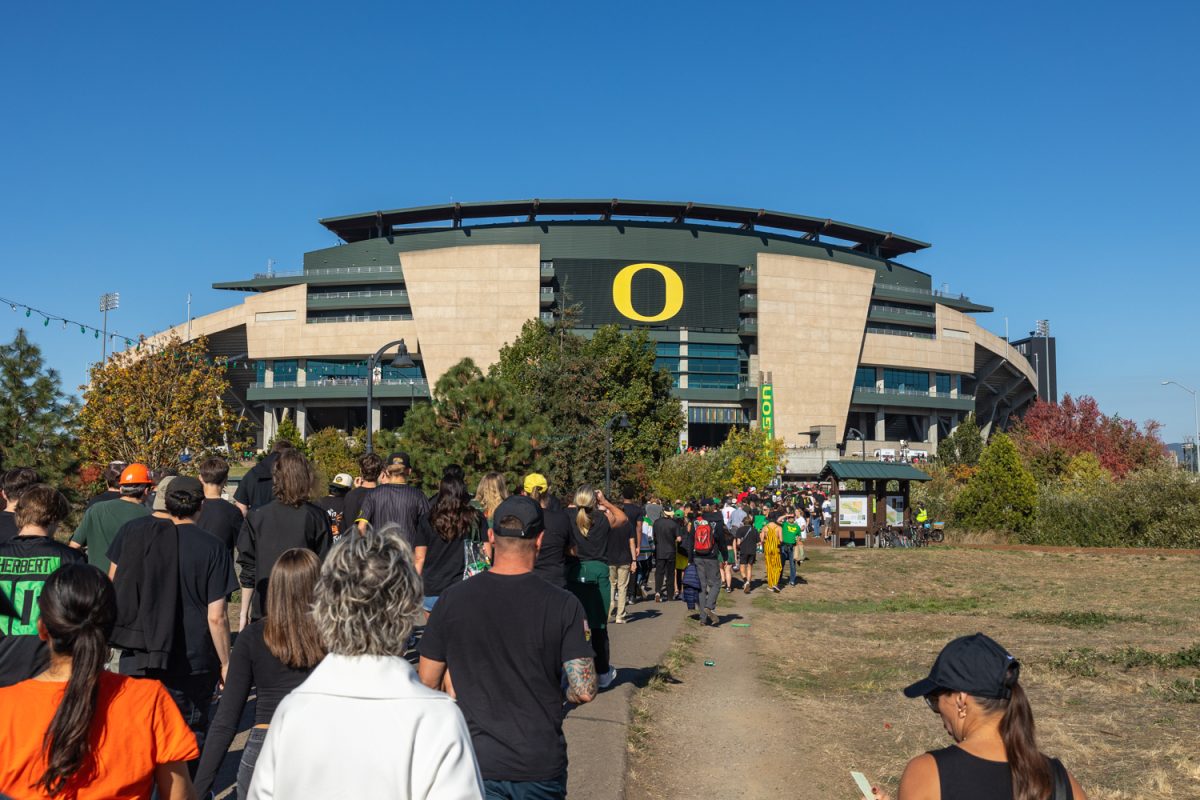 The number 3 ranked Oregon Ducks football team takes on the number 2 ranked Ohio State University Buckeyes on Oct. 12, 2024, at Autzen Stadium in Eugene, Ore. (Molly McPherson/Emerald)