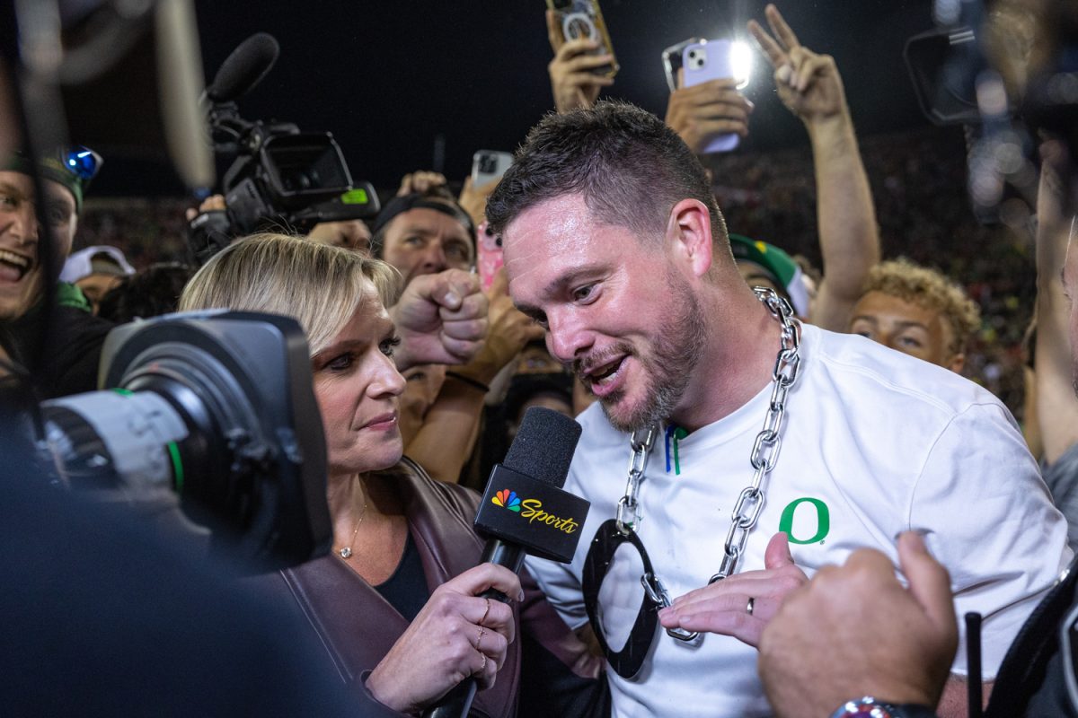 Dan Lanning begins his post-game interview after beating The Ohio State. The number 3 ranked Oregon Ducks football team takes on the number 2 ranked Ohio State University Buckeyes on Oct. 12, 2024, at Autzen Stadium in Eugene, Ore. (Molly McPherson/Emerald)