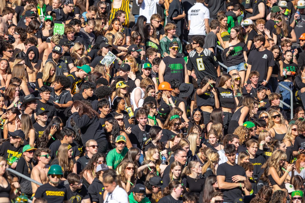 Students fill up the student section with an hour left before the game begins. The number 3 ranked Oregon Ducks football team takes on the number 2 ranked Ohio State University Buckeyes on Oct. 12, 2024, at Autzen Stadium in Eugene, Ore. (Molly McPherson/Emerald)