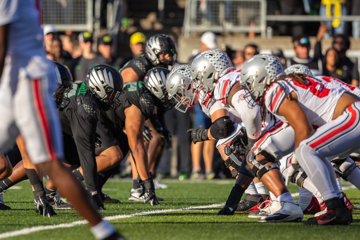 The number 3 ranked Oregon Ducks football team takes on the number 2 ranked Ohio State University Buckeyes on Oct. 12, 2024, at Autzen Stadium in Eugene, Ore. (Molly McPherson/Emerald)