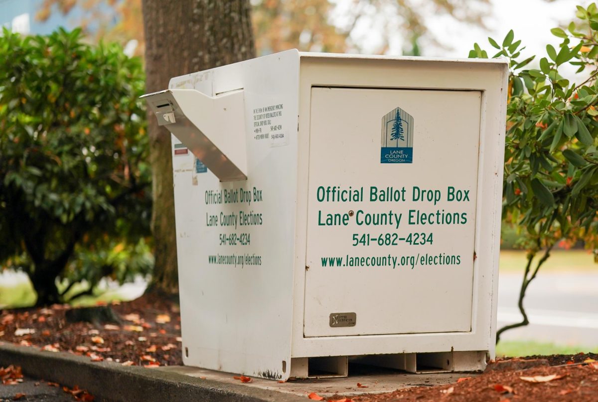 Ballot drop off spot for cars, located outside of the Lane County Elections Official Ballot Dropbox. Election voting 2024, Eugene Oregon, Oct. 16 2024 (Eddie Bruning/Emerald)