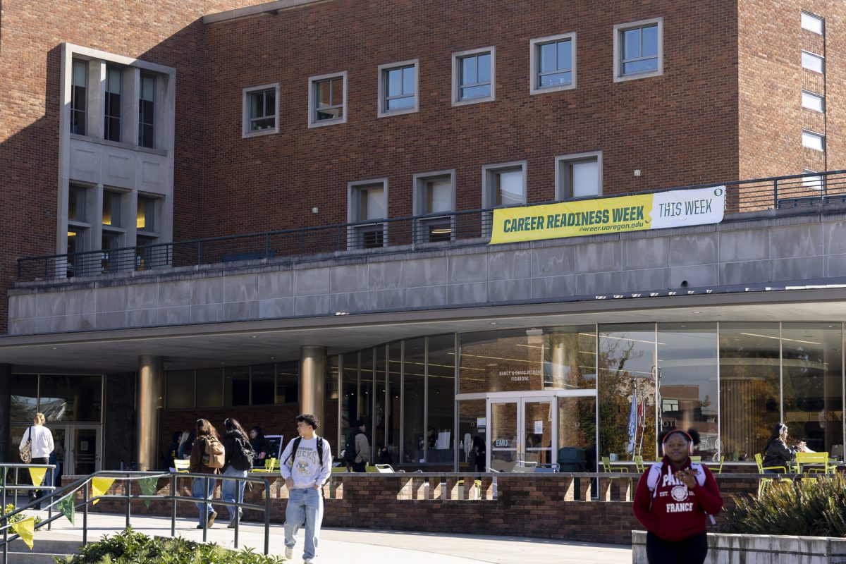 A banner outside of the UO Erb Memorial Union advertises "Career Readiness Week," which featured various events and opportunities to prepare students for applications, interviews and more. (Alex Hernandez/Emerald)