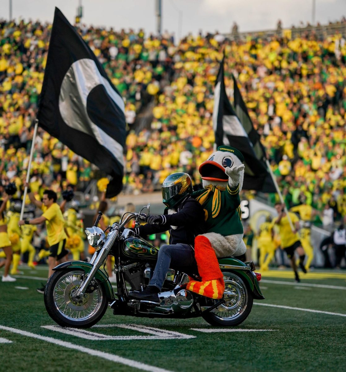 The Duck riding on the back of the motorcycle leading out the team before the Michigan State game. University of Oregon takes on Michigan State University at Autzen Stadium, Eugene, October 4th 2024. (Eddie Bruning/Emerald)