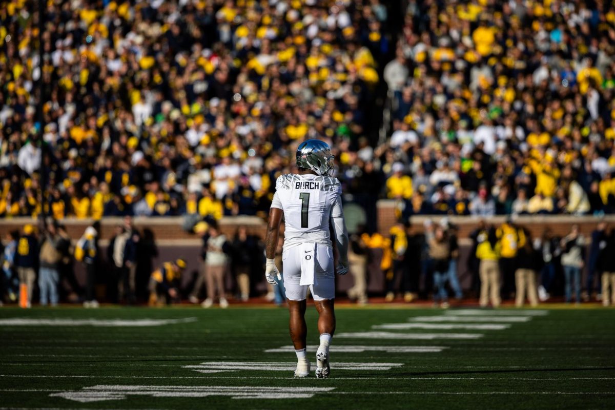 Jordan Burch returns to the field after an absence from a last practice njury before the Ohio State game. The number 1 ranked Oregon Ducks takes on the Michigan Wolverines on Nov. 2, 2024, at the iconic 'Big House" in Ann Arbor, Mich. (Jonathan Suni/Emerald)