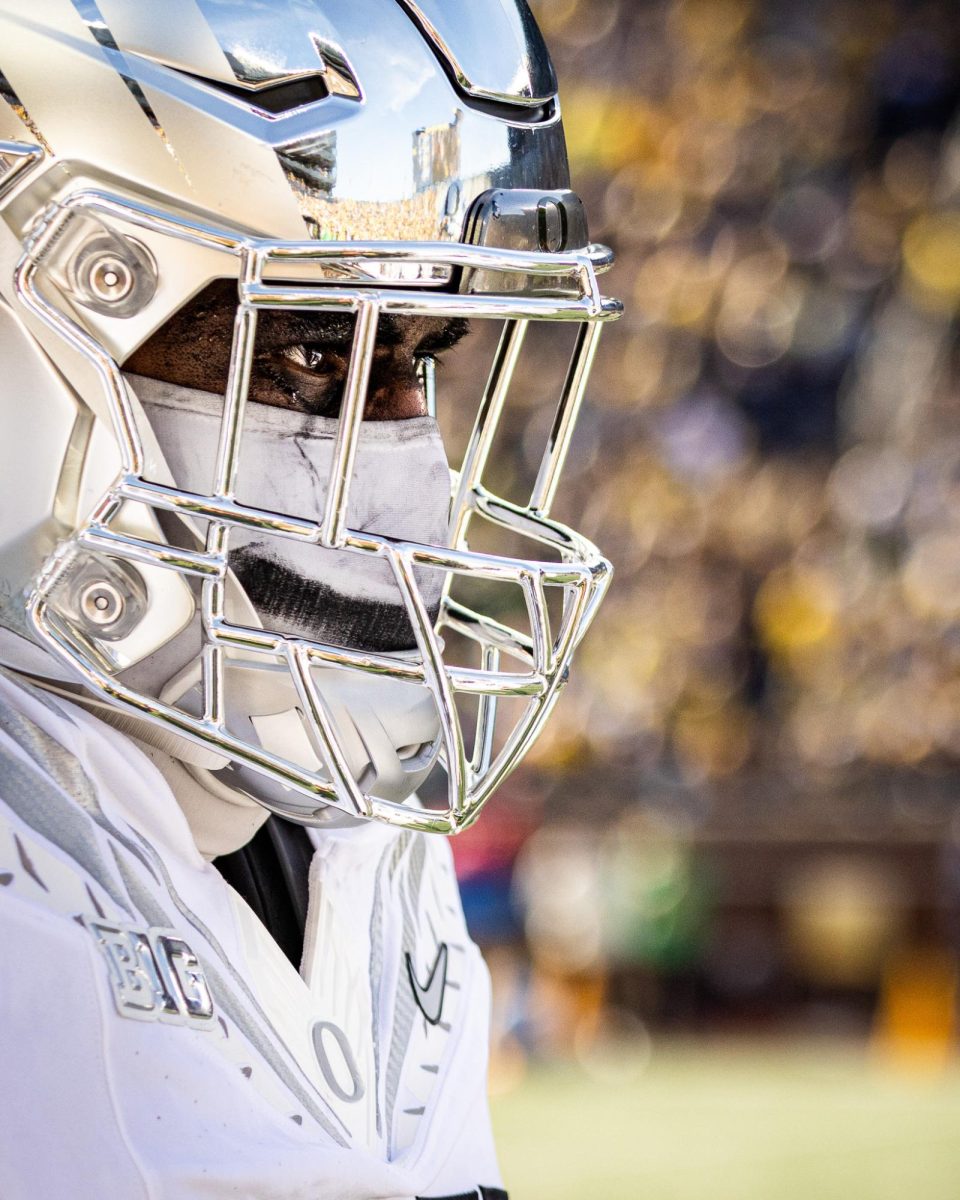 Dave Iuli has missed every game so far, but nears his return to the field for the Oregon Ducks.  The number 1 ranked Oregon Ducks takes on the Michigan Wolverines on Nov. 2, 2024, at the iconic 'Big House" in Ann Arbor, Mich. (Jonathan Suni/Emerald)