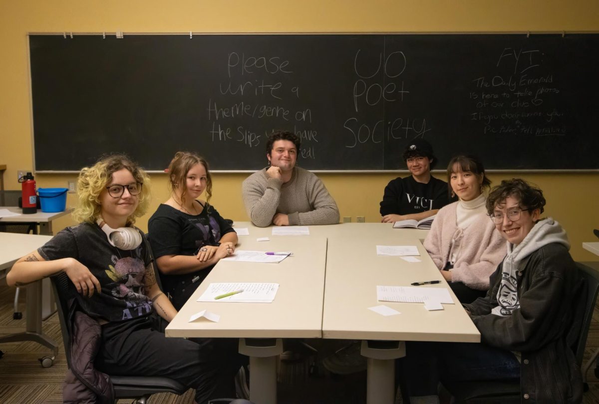 The University of Oregon Poet Society had their last meeting of fall term this past Wednesday. Students that attended this meeting were Tiffany Royes (far left), Gracie Perkins, Grady Moss, Zander Povey, Alisha Acireno, and Finn Jeffrey (far right). 