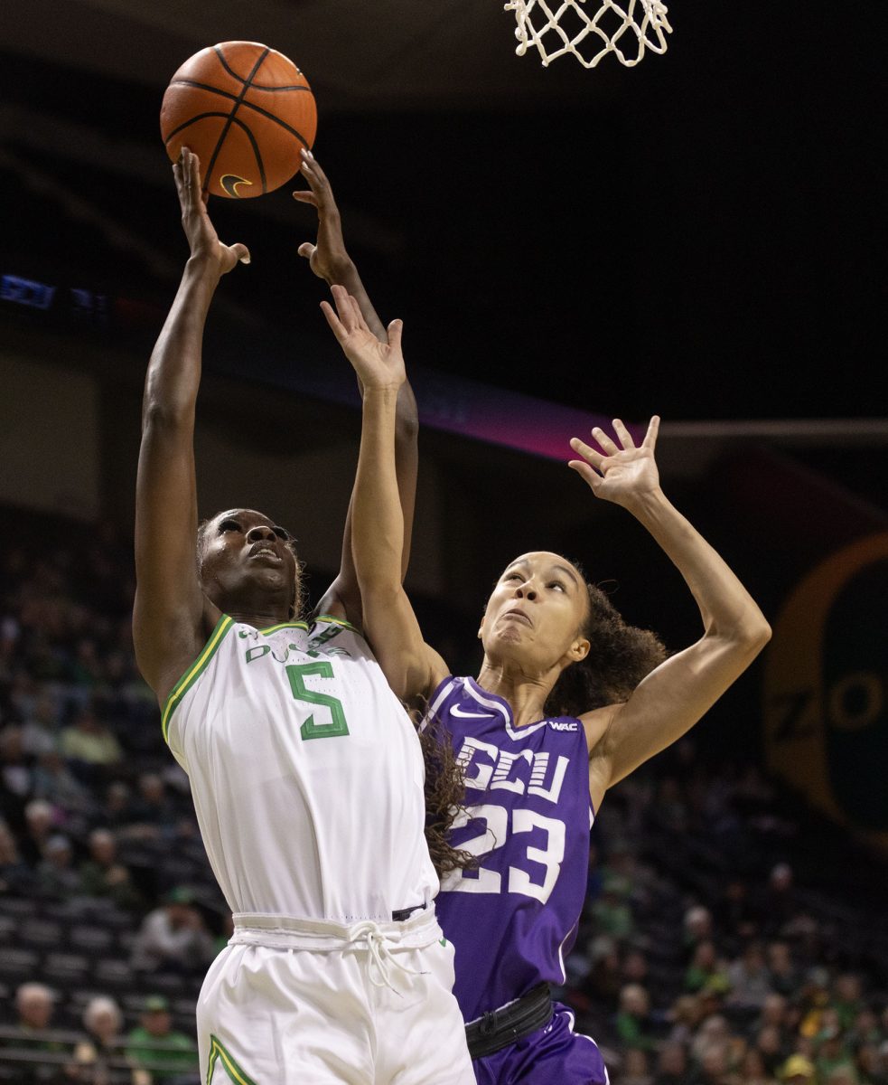 Oregon forward Amina Muhammad (5) and Grand Canyon guard Trinity San Antonio (23). The University of Oregon Ducks defeated the Grand Canyon University Antelopes 70-54 on Monday, November 18. Now 5-0 in the season, the Ducks will play the Auburn University Tigers on November 20.