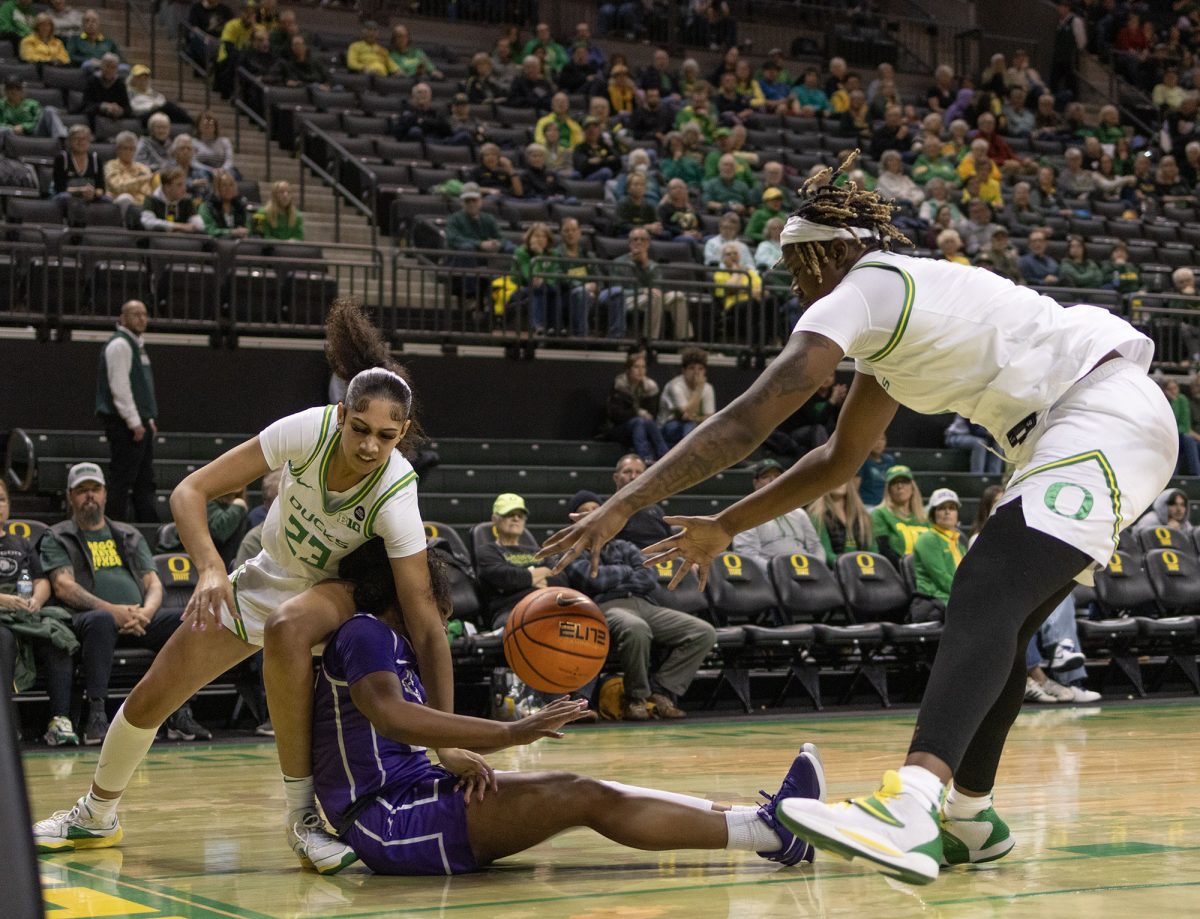 Oregon center Phillipina Kyei (5) reaches for the ball. The University of Oregon Ducks defeated the Grand Canyon University Antelopes 70-54 on Monday, November 18. Now 5-0 in the season, the Ducks will play the Auburn University Tigers on November 20.