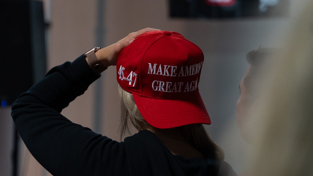 The 2024 Presidental Race started with Election Day, November 5, 2024. The Democratic candidate is Kamala Harris, and the Republican candidate is Donald Trump. Many people at the Republican watch party donned symbolic clothing as they watched the races. (Saj Sundaram/Emerald)