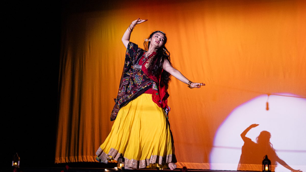 Gayatri Misra performs "Sanyukt Lokanrityan" which incorporates different traditional dances, combined into one unified performance, Nov. 9, Eugene, Ore. (Jordan Martin/Emerald)