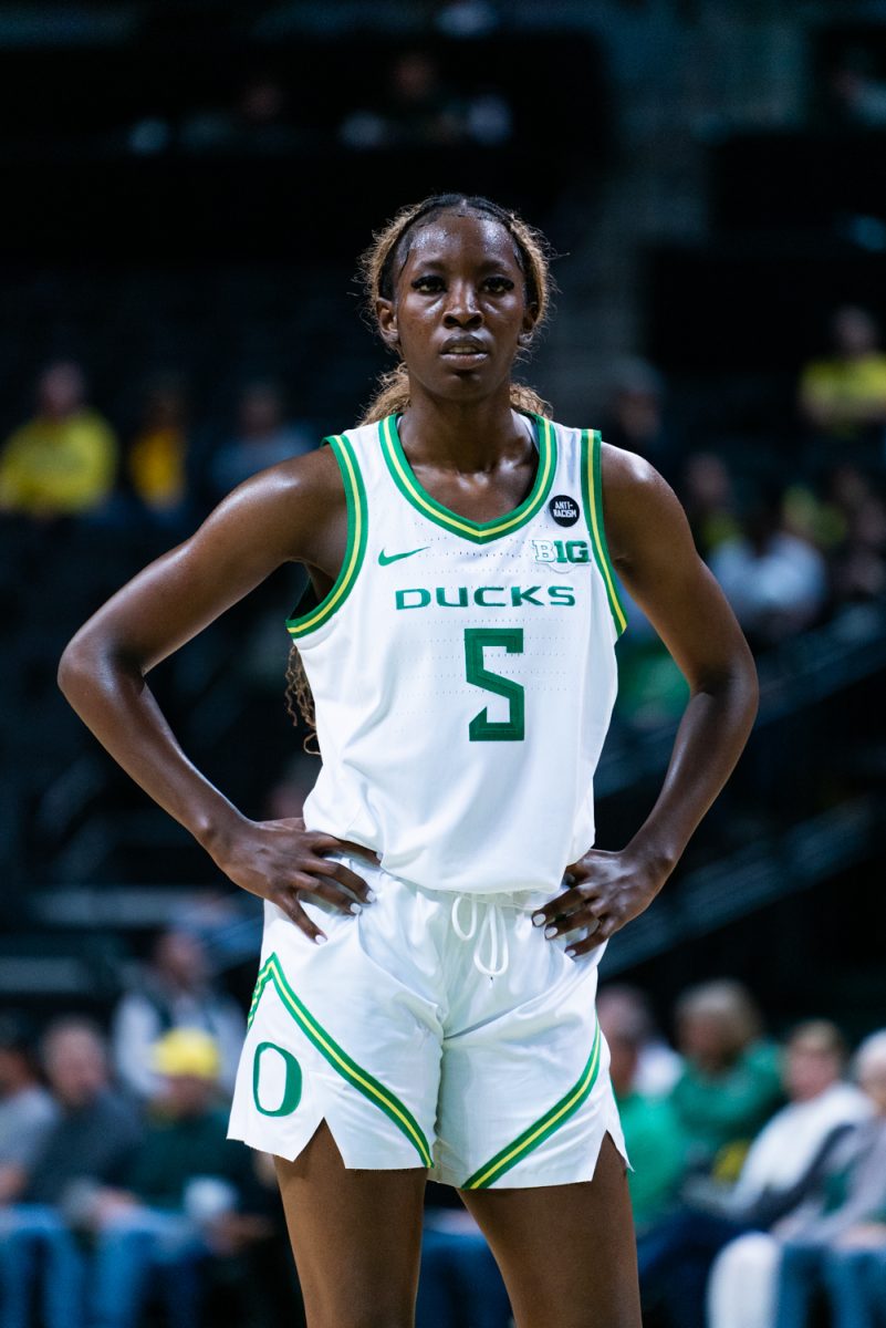 Amina Muhammad (5) lined up for a free throw. The University of Oregon Ducks Women's Basketball team defeated the University of Nevada Wolf Pack 76-58 in a home game at Matthew Knight Arena in Eugene, Ore., on Nov. 6, 2024. (Rowan Campbell/Emerald)