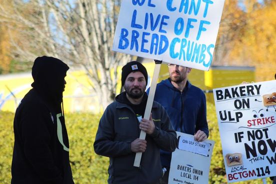 Local 114 union members picket in front of the Franz Bakery industrial packaging and distribution facility. (Mathias Lehman-Winters/ Emerald) 